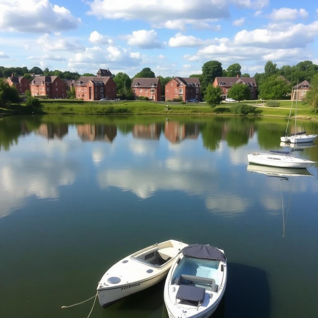 Winsford Flash lake with moored sailing boats and parkland, Cheshire